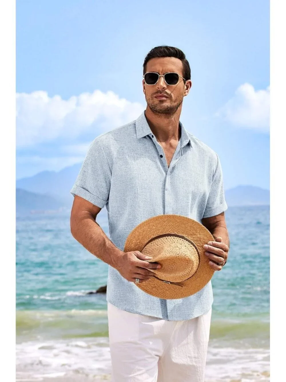 Men's Blue Beach Linen Short Sleeve Casual Wedding Shirts Button Down